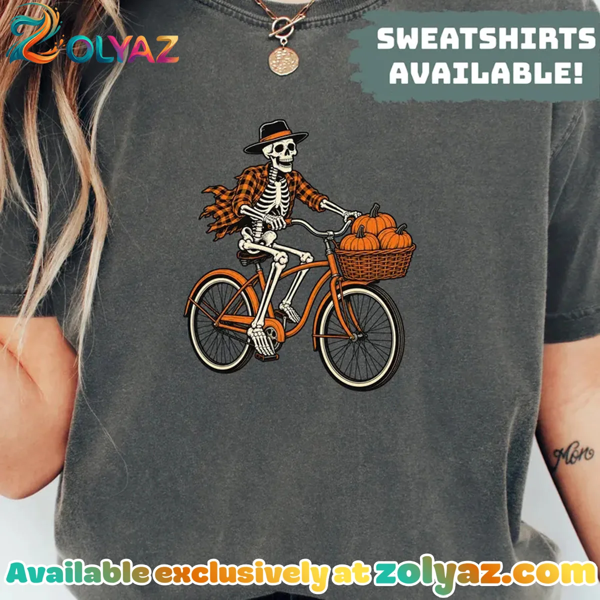 Skeleton Riding Bike With Pumpkins Shirt & Hoodie