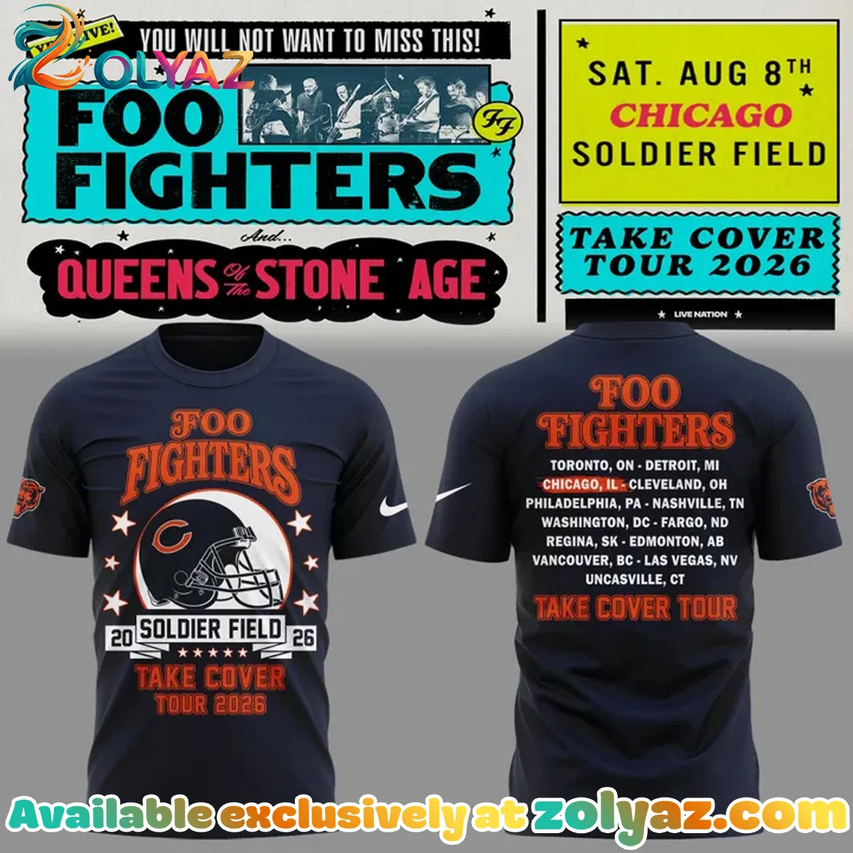 Foo Fighters x Chicago Bears Take Cover Tour T-Shirt & Hoodie [Drop 1]