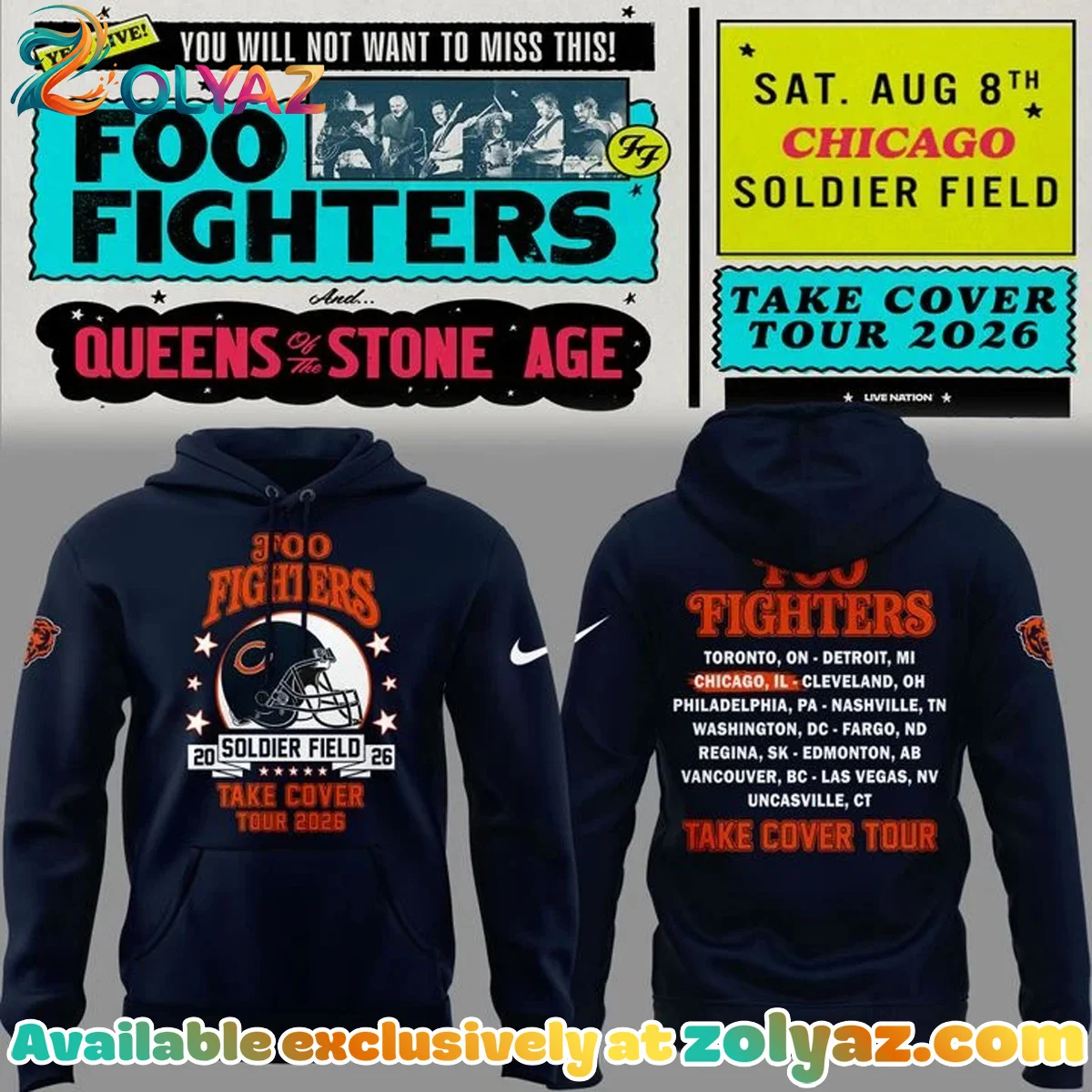 Foo Fighters x Chicago Bears - Take Cover Tour T-Shirt & Hoodie [Batch 1]