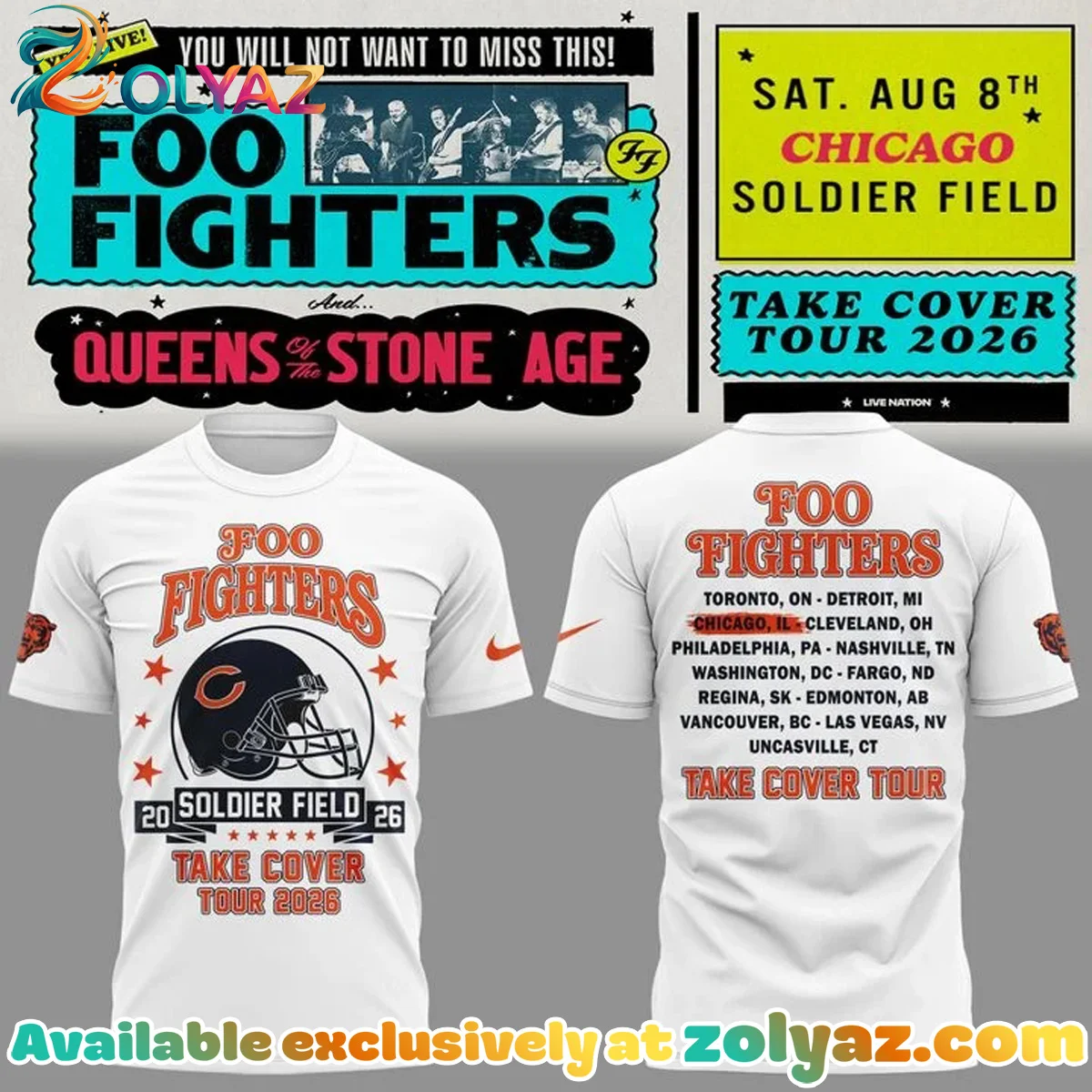 Foo Fighters x Chicago Bears - Take Cover Tour T-Shirt & Hoodie [Batch 5]