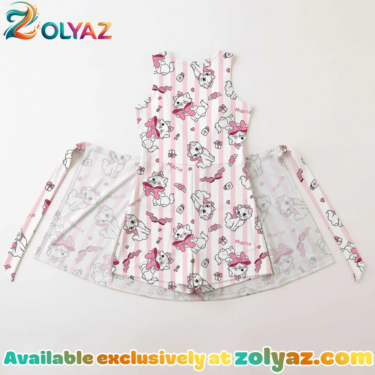 Girls Disney Marie Pink Bow Stripe Athletic Dress - Tennis Dress Skirt, Family Matching Outfit Girls Disney Marie Pink Bow Stripe Athletic Dress - Tennis Dress Skirt, Family Matching Outfit