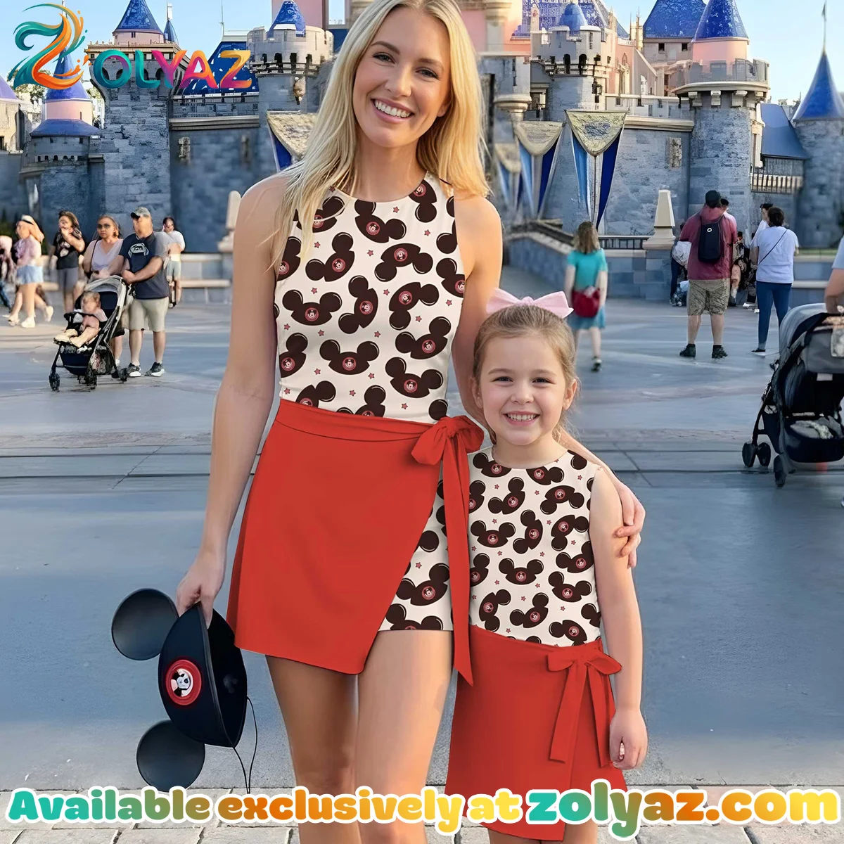 Girls Disney Mickey Mouse Ears Hat Red White Athletic Dress - Tennis Dress Skirt, Family Matching Outfit