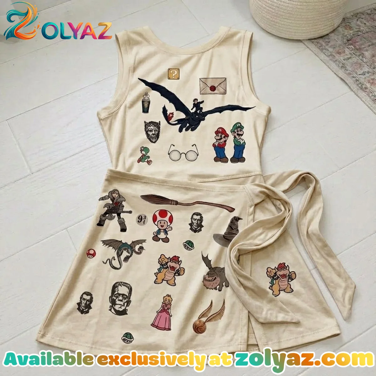 Super Mario Character Pattern Athletic Dress - Tennis Dress Skirt, Mama Mini Family Matching Outfit Super Mario Character Pattern Athletic Dress - Tennis Dress Skirt, Mama Mini Family Matching Outfit