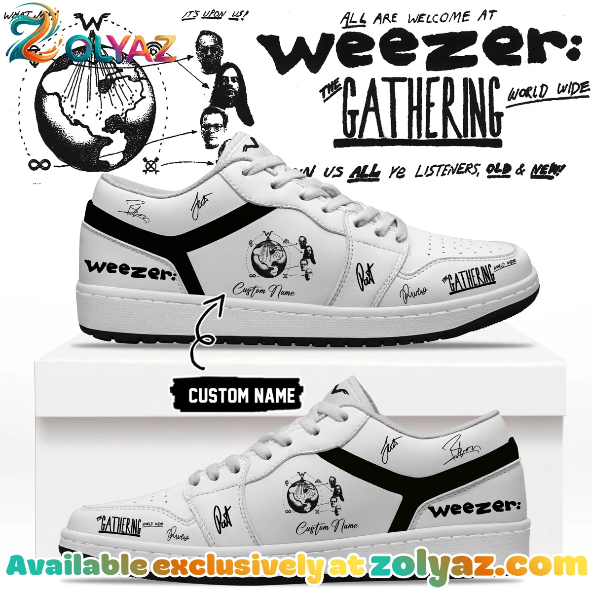 Weezer THE GATHERING WORLD WIDE Signature Custom Air Force 1 & Jordan 1 Shoes [Drop 13]