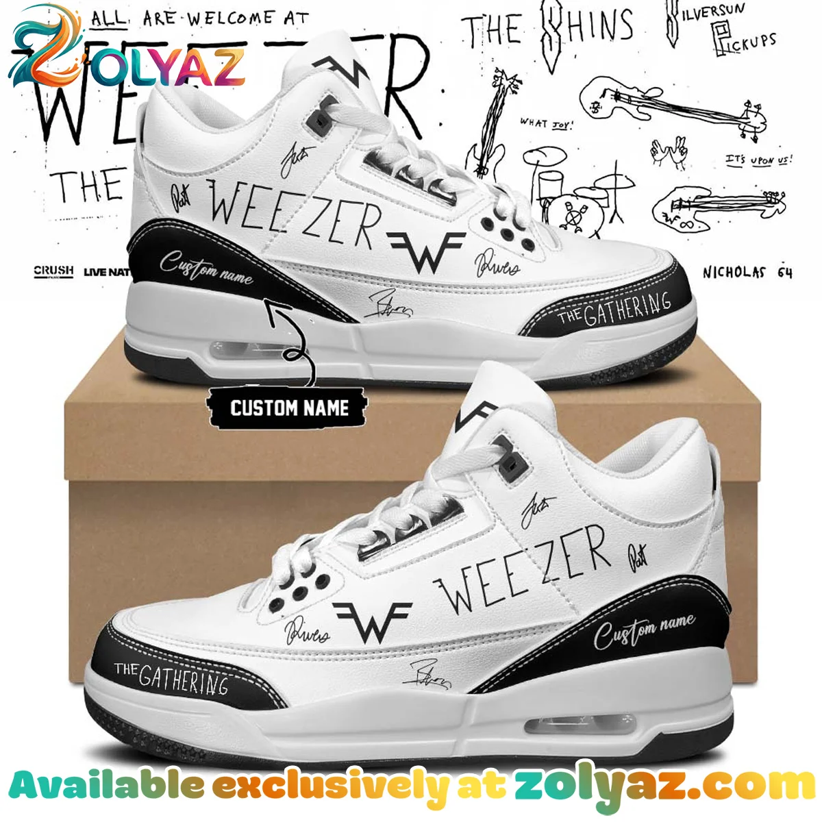 Weezer THE GATHERING WORLD WIDE Signature Custom Air Force 1 & Jordan 1 Shoes - Series 17